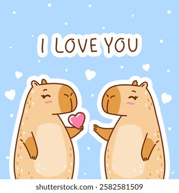 Cute сartoon capybaras couple with hearts - funny animal for Your Valentines day design