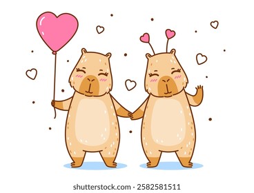 Cute сartoon capybaras couple with hearts - funny animal for Your Valentines day design