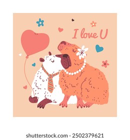 Linda pareja de capibaras enamorados. Diseño de Vector de tarjeta de San Valentín romántico de dibujos animados con inscripción Te amo. Divertido capybaras dulce abrazo. Flores y globo en forma de corazón