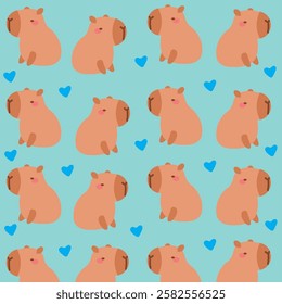 Cute capybaras Cozy seamless pattern with capybara hearts on a blue background. Textile, wrapping paper, wallpaper design. Print for fabric. Vector children background.