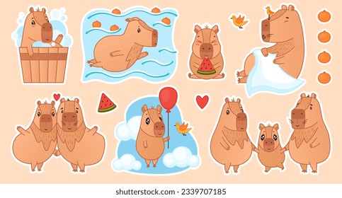 Cute capybaras family cartoon sticker set. Funny capibara characters bathing, swim in water, eats watermelon, sleepping, relaxing, love, dancing, fly holding balloon. Vector illustration 