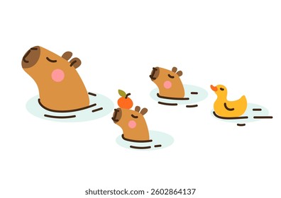 Cute capybaras family swimming in water. Hand drawn vector illustration. Funny animal isolated on white. Naive childish design. Cool comic summer character, kids poster, card, social media banner.