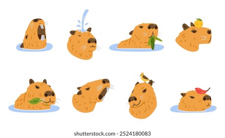 Cute capybaras heads with different emotions flat vector illustrations set isolated on white. 