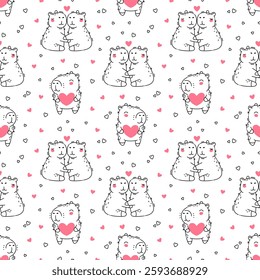 Cute capybaras with heart in doodle style seamless pattern. Valentine's day, love and romance. Fabric design, textile, wallpaper and wrapping paper. Vector illustration.