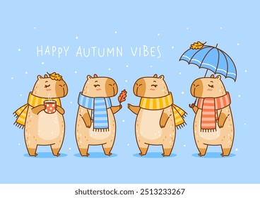 Cute сartoon capybaras horizontal border - funny animals for Your cozy autumn design