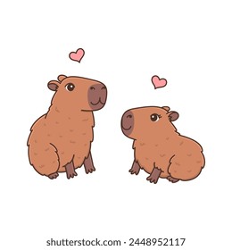 Lindos capibaras enamorados. Divertida pareja de roedores con corazones. Adorables animales dulces. Estilo de dibujos animados de Ilustración vectorial aislado sobre fondo blanco