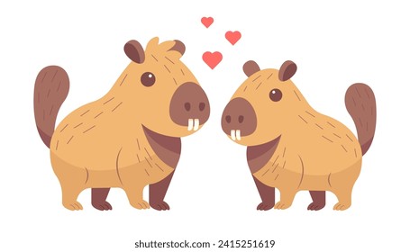 Cute capybaras in love, water pigs with heart. Kawaii pets. Concept of St Valentine day. Cartoon vector illustration
