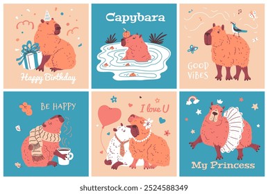 Cute capybaras on card vector design set with inscriptions I love you, Good vibes, Happy birthday. Cartoon funny capybaras couple in love, rodent holding cup of hot tea or gift box, princess