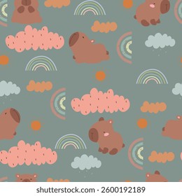 Cute capybaras pattern with clouds, sun and rainbows. 