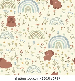 Cute capybaras pattern with many different, flowers and rainbows. 
