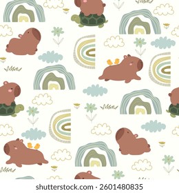 Cute capybaras pattern with rainbows, clouds and flowers. Seamless pattern