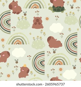 Cute capybaras pattern with rainbows, clouds and flowers. Seamless pattern