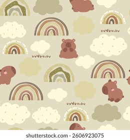 Cute capybaras pattern with rainbows, clouds and hearts. Seamless pattern	
