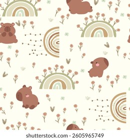 Cute capybaras pattern with rainbows, and flowers. Seamless pattern