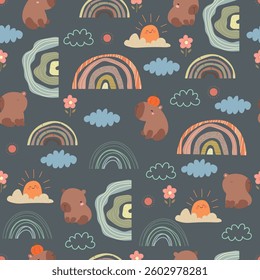 Cute capybaras pattern with rainbows, sun, clouds and flowers. Seamless pattern