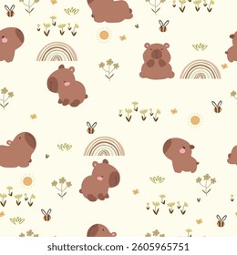 Cute capybaras pattern with sun, bees, flowers and rainbows. 