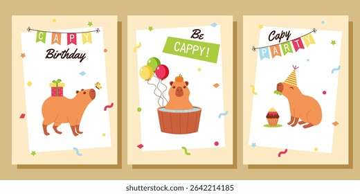 Cute capybaras posters set. Happy Birthday greeting cards, invitations, posters with cute capybara, balloon, cake, gift.