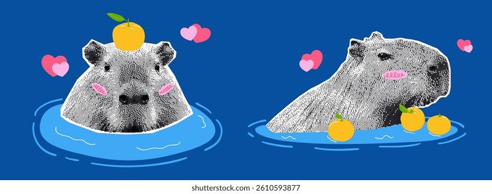 Cute capybaras relax in a warm yuzu bath. Halftone collage with hearts and waves. Perfect for stickers, prints, digital designs.