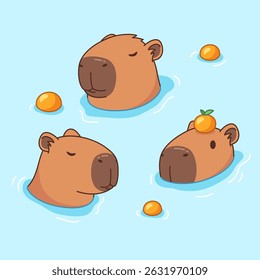 Capybaras bonito relaxando e nadando em água, banho com laranjas, desenho em estilo cartoon