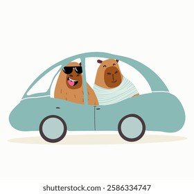 Cute Capybaras ride in car. Funny smiling cartoon kawaii character animal. Vector illustration. Hand drawn.