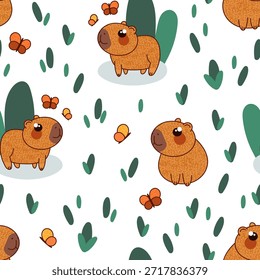 Lindo patrón de capibaras sin fisuras. Capibara personajes sentados en hierba verde, mariposas volando. Divertidos roedores tranquilos. Ilustración vectorial plana de dibujos animados