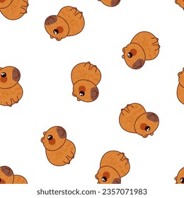 Cute capybaras seamless pattern. Happy relaxing capibara characters with hand drawn texture. Funny calm rodents. Simple childish print for wrapping paper, fabric, textile. Vector illustration