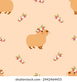 Cute capybaras seamless pattern. Template for textile, wallpaper, packaging, cover, web, card, box, print, banner, ceramics