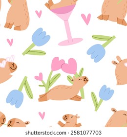 Cute capybaras seamless pattern. Valentines day background for fabric design, packaging. Flat vector illustration.