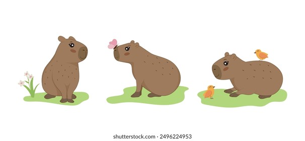 Cute capybaras set. Cute Capybara collection. Vector illustrations for greeting card, prints, pattern, sticker and posters.