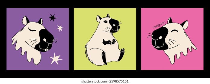 Cute capybaras set of flat portraits in a simple childish style. Cartoon-style characters. Three hand-drawn vector illustrations. Perfect for children's designs and fun projects.
