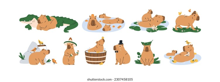 Cute capybaras set. Funny amusing capibara characters swimming in water, bathing, walking, relaxing, playing. Adorable nice animal. Childish flat vector illustrations isolated on white background