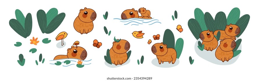 Un juego de capibaras. Personajes de Kawaii capibara sentados en hojas, nadando en agua, relajándose. Curiosos roedores tranquilos. Ilustración vectorial de caricatura plana aislada en fondo blanco