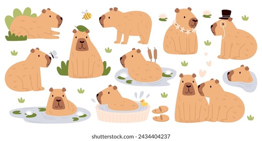 Cute capybaras single animal and family funny cartoon characters swimming in water pond and relaxing vector illustration set. Adorable nice creature furry herbivorous rodent having rest on nature