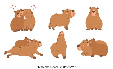 Cute capybaras single animal and family funny characters. Funny flat cartoon animal collection. Kawaii hand drawn capibara isolated 