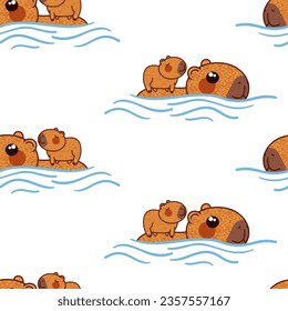 Cute capybaras schwimmen in Wasser nahtlos Muster. Baby capybara auf der Spitze der Mutter. Schöne, ruhige Nagetiere. Flache Cartoon, Vektorgrafik einzeln auf weißem Hintergrund 