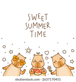 Cute сartoon capybaras with watermelon and sun glasses and flower isolated on white background - funny animals for Your happy summer greeting card design