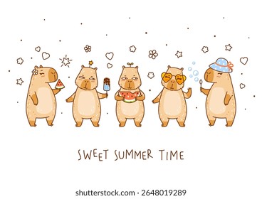 Cute сartoon capybaras with watermelon and sun glasses and ice cream and hat isolated on white background - funny animals for Your happy summer greeting card design