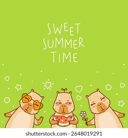 Cute сartoon capybaras with watermelon and sun glasses and flower on green background - funny animals for Your happy summer greeting card design