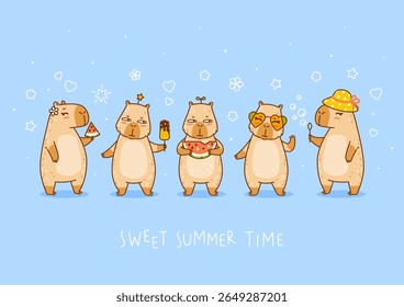Cute сartoon capybaras with watermelon and sun glasses and ice cream and hat on blue background - funny animals for Your happy summer greeting card design