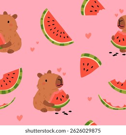 Capibaras bonitos e melancias padrão sem costura. Ilustração de desenho animado de vetor plano. Fundo de verão.