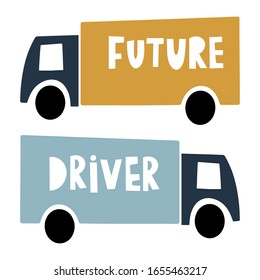 Cute Auto mit abstrakten Elementen. Für Kinder Drucke, Kleidung, Poster, Karten Designs. Vektorillustration für kleine Jungen. Moderner skandinavischer Stil