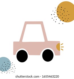 Cute car with abstract elements. For kids prints, clothes, posters, cards designs. Vector illustration for baby boys. Modern Scandinavian style