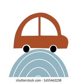 Cute Auto mit abstrakten Elementen. Für Kinder Drucke, Kleidung, Poster, Karten Designs. Vektorillustration für kleine Jungen. Moderner skandinavischer Stil