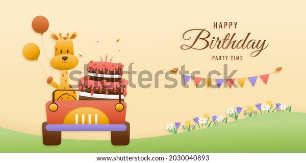 Cute car\
birthday greeting card. jungle animals celebrate children\'s\
birthdays and template invitation paper cut and papercraft style\
vector illustration. Theme happy\
birthday.