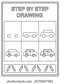 Cute car. Book page, drawing step by step. Black and white vector coloring page.