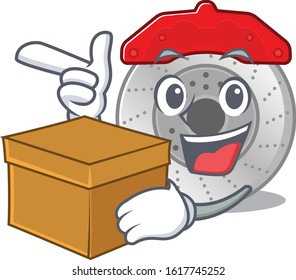 Cute car brake cartoon character having a box
