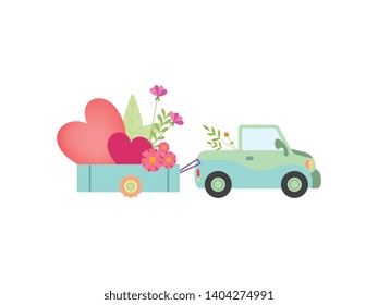 Cute Car with Cart Full of Flowers and Hearts Vector Illustration