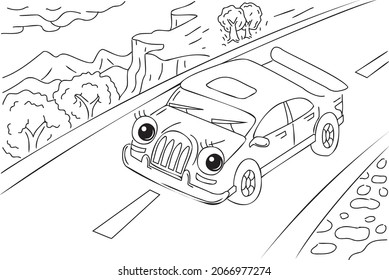 Cute car, cartoon character illustration. Car with eyes on road outline illustration for coloring book. Coloring book black and white.
