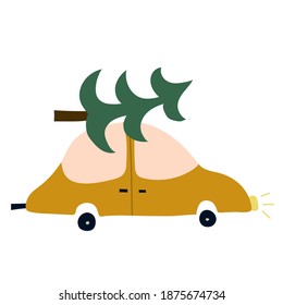 Cute  car with Christmas tree on top. Funny celebrations print. Simple and stylish Scandinavian  Christmas print.
