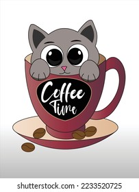 Cute car in coffee cup draw vector illustration character design banner cute cat Coffee lover concept Doodle cartoon style